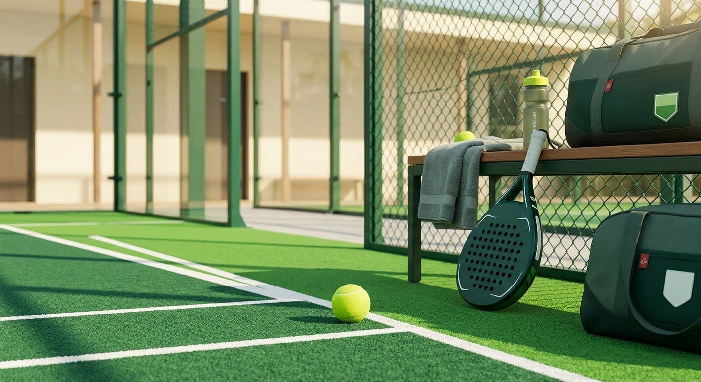 Een padelbaan met een bank, een tas en een racket ernaast