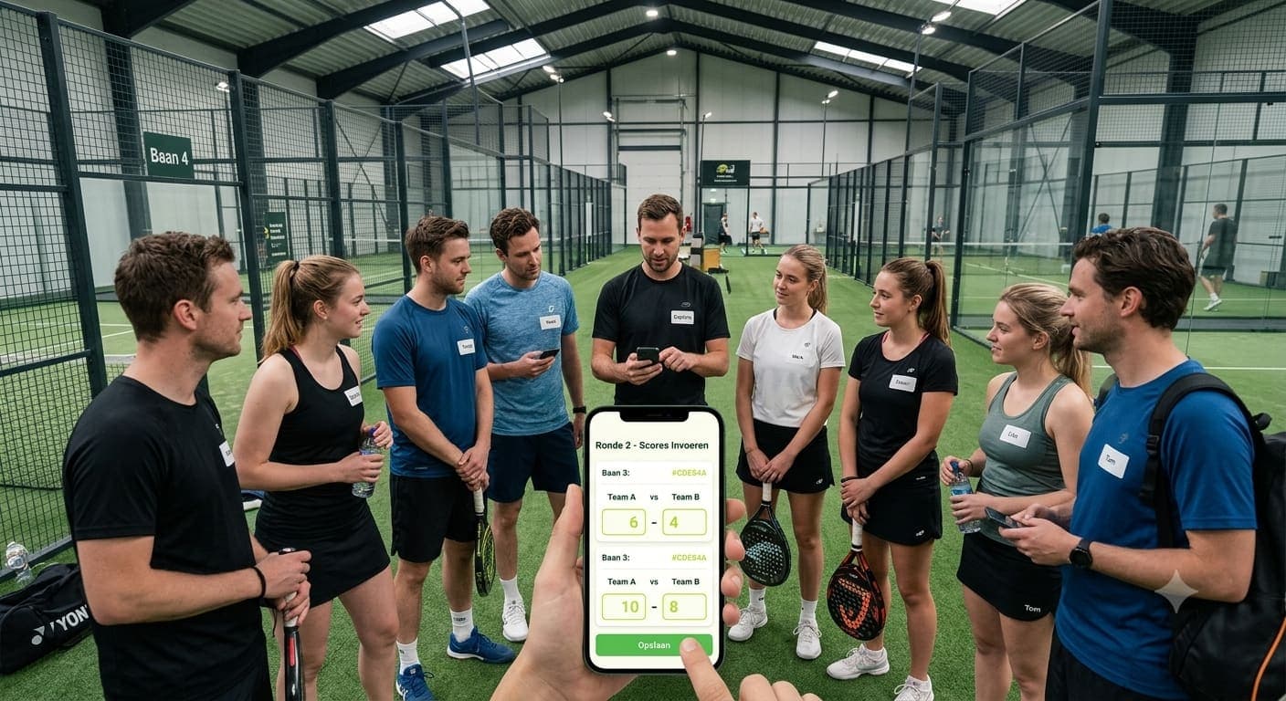Een groep spelers in een padelhal terwijl de kapitein de uitslagen invult